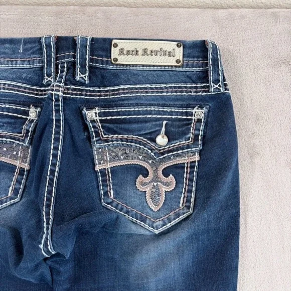 Rock Revival Avery Straight Jeans Western Rock Bling Embellished Women 31 Blue - Picture 6 of 12